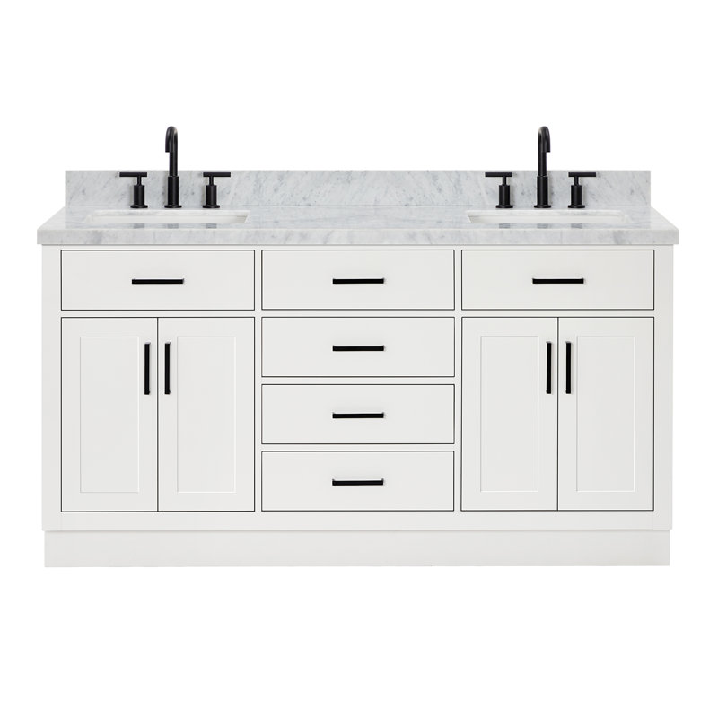 Meuble-lavabo double en bois massif de 66 po avec plateau en marbre de Carrare de 1,5 po Thornaby, Blanc / noir mat