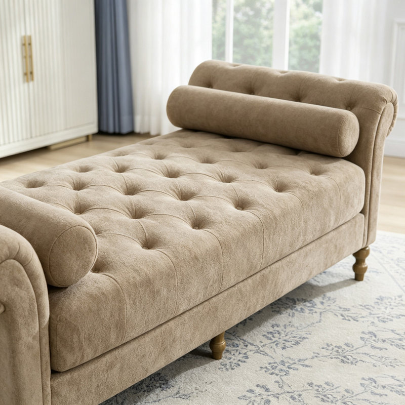 Banc rembourré avec accoudoirs et 2 traversins, Chenille taupe