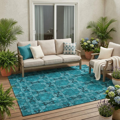 Tapis extérieur lavable antidérapant à motif de médaillon bleu sarcelle 5 pi x 8 pi