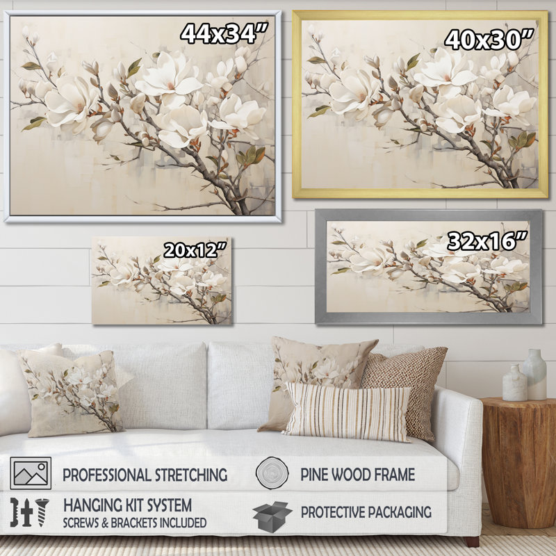 Beige de Magnolias «Dreamy» - art mural encadré Magnolias, H 16 po x l 32 po x P 1 po, Cadre flottant brun
