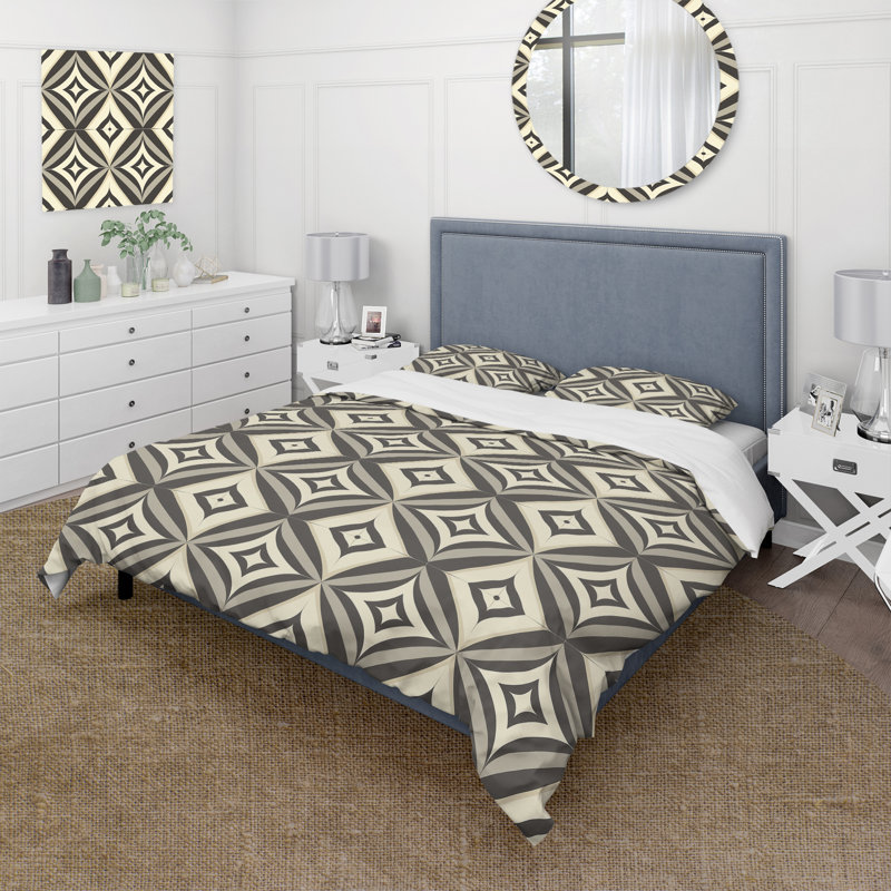 Ensemble de housse de couette beige rétro noir Mid-Century Rhombus, Housse de couette très grand + 2 taies décorativ