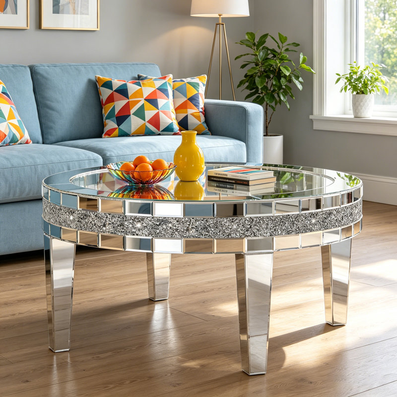 Table basse ronde à miroir avec incrustation de diamant concassé
