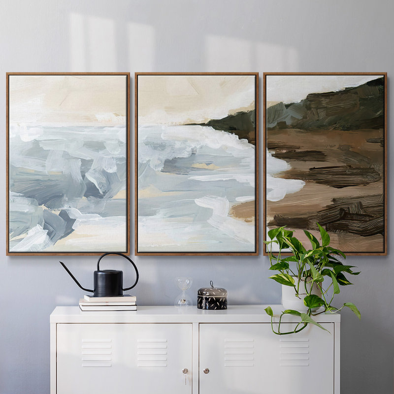 "Cove Break II", peinture sur toile 3 pièces, H 36 po x l 75 po, Cadre noyer
