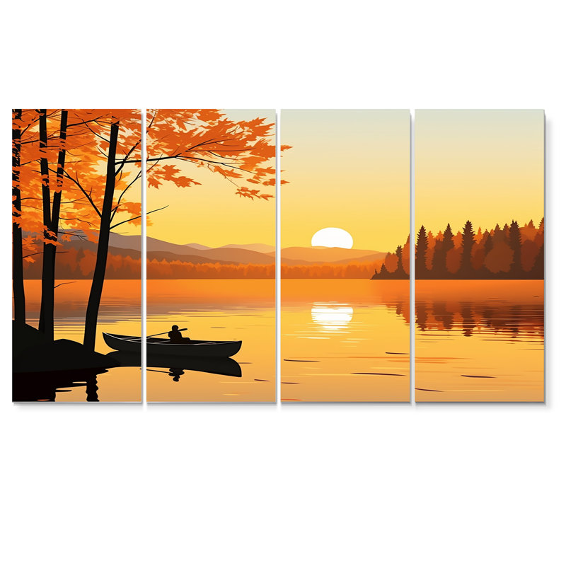 «Canoe By The Sunset Lake - Lake», art mural 4 pièces, H 28 po x l 48 po
