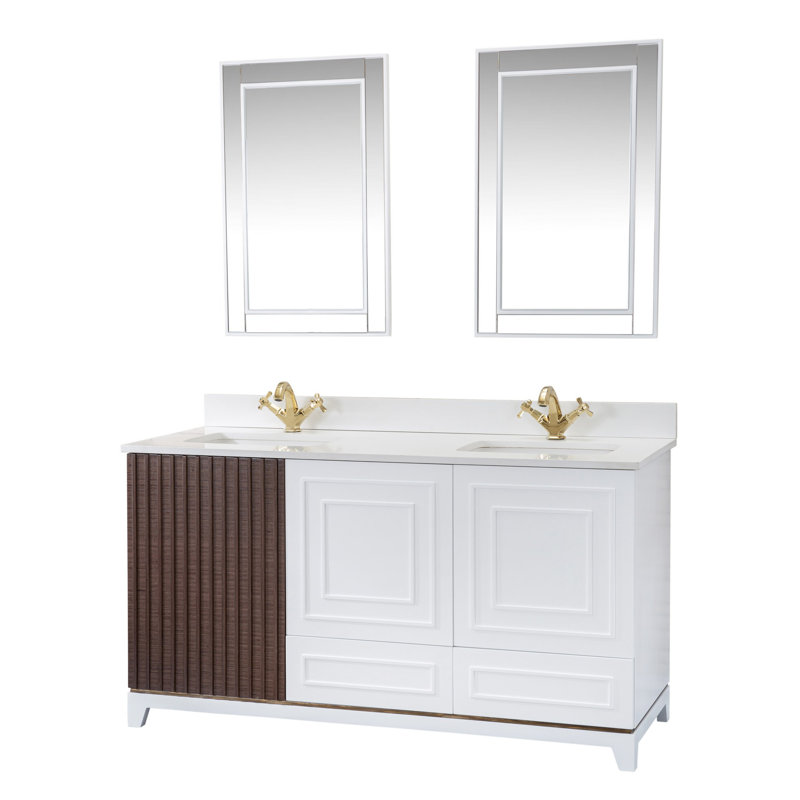 Ensemble de meuble-lavabo double 59 po avec miroir Cleada, Blanc / brun