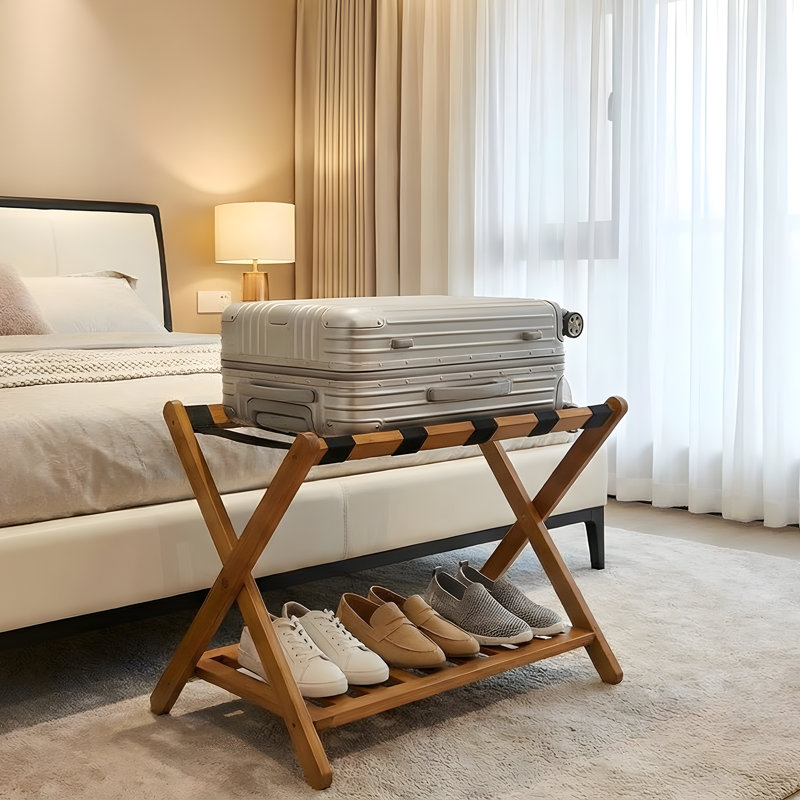 Luggage Rack, Folding Suitcase Stand with Storage Shelf and Nylon Straps, Medium Yellow Wood