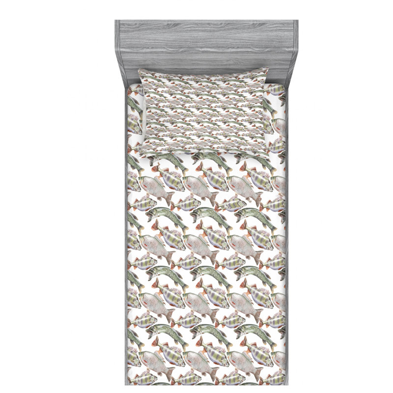 Twin White Microfiber Fish Print Sheet Set