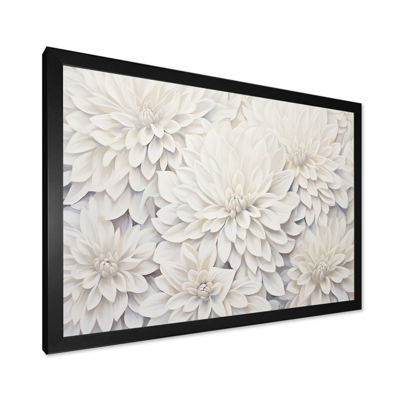 «White Dahlia Charm Collage», art mural Dahlia, H 34 po x l 44 po x P 1,5 po, Cadre simple noir