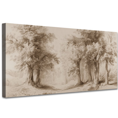 Décoration murale rétro en forêt, sépia, décoration murale sur toile inspirée de la nature pour le salon ou la chambre à coucher, œuvre d'art tendue sur châssis, prête à être accrochée, 24 po x 47 po