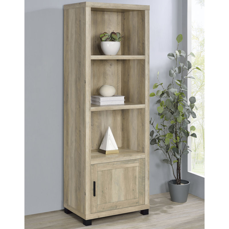 Distressed Pine 3 - Shelf Media Tower, Engineered Wood, Four Storage Compartments, For Restricted Spaces Wood Tower With Finish, Vertical Orientation Space Efficiency, Ideal Primary Living