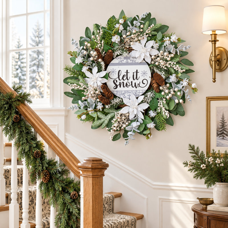 Couronne de flocon de neige de 24 pouces avec eucalyptus vert, décor de porte d'entrée rustique pour Noël d'hiver