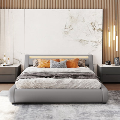 Upholstered Faux Leather Platform Bed With A Hydraulic Storage System With LED Light Headboard Bed Frame With Slatted Queen Size -  STYLISH, OKKK612-LP000611AAE