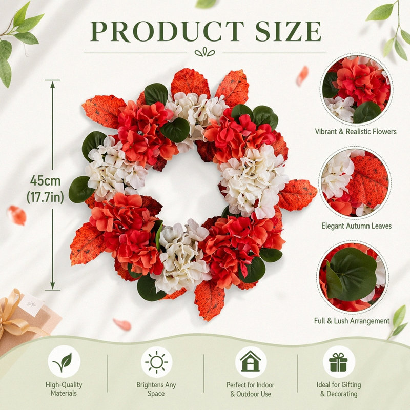 Couronne d'hortensia artificielle rouge et blanche 17,7 pouces pour porte d'entrée