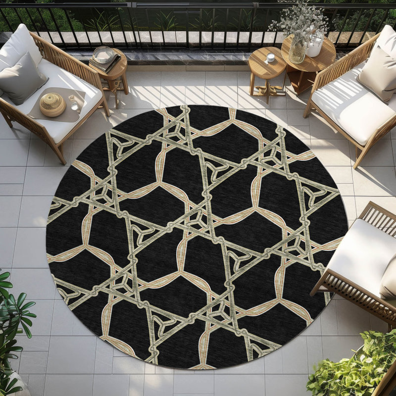 Addison 8' Round Black Geometric Synthetic Rug