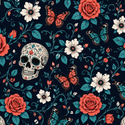 Papier peint adhésif gothique à motif floral, crâne, papillon et feuilles, style botanique, pour l'Halloween et le Jour des Morts. Décoration murale amovible et autocollante pour chambre, cuisine et placards (61 cm x 300 cm).