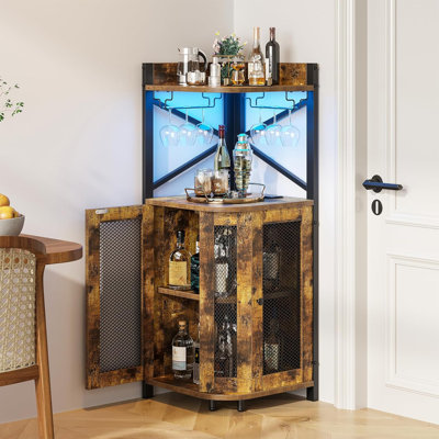 Corner Bar Cabinet with Power Outlet and LED Light, Industrial Wine Cabinet with Glass Holder, 4-Tier Liquor Cabinet for Home, Farmhouse Home Bar for