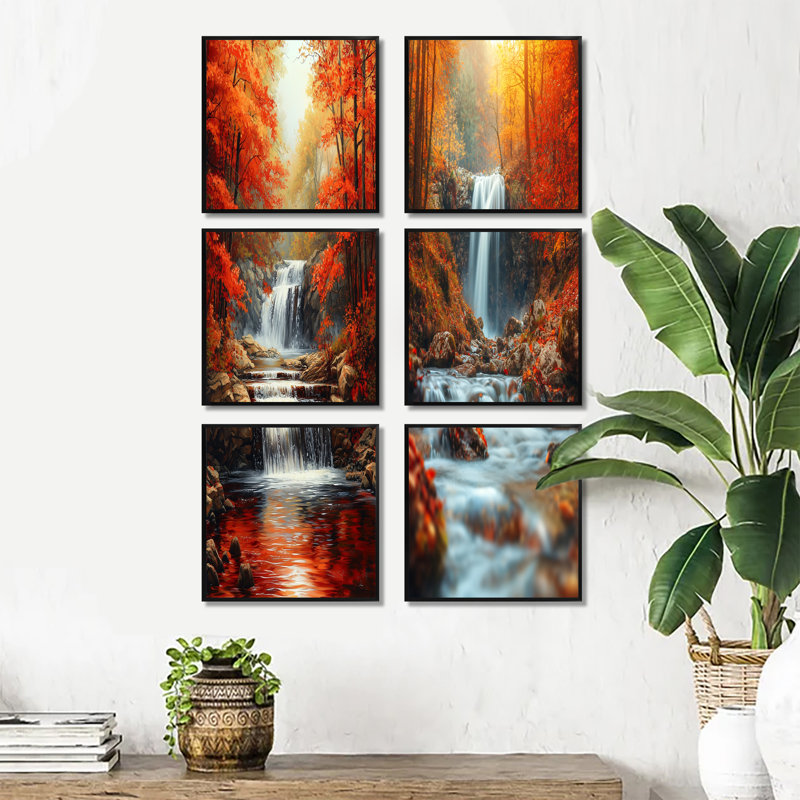 «Red Autumn Mountain Waterfall - Waterfall», ensemble d'art mural sur toile, Noir, Impression encadrée sans passe-partout
