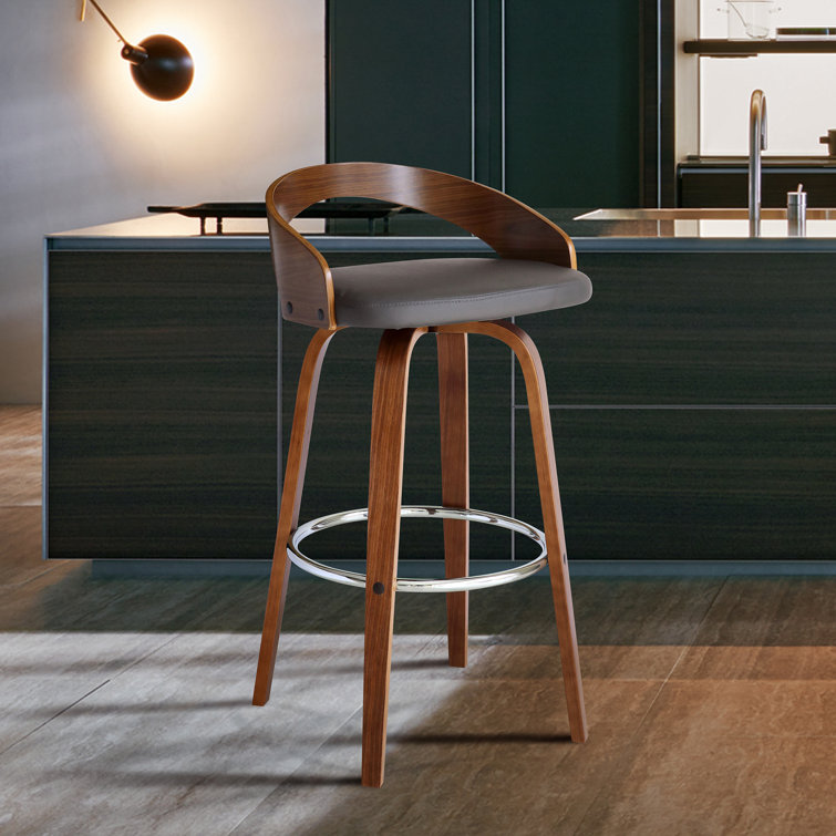 Maxime Swivel Counter or Bar Height Bar Stool with Open Low Back in Faux Leather and Wood