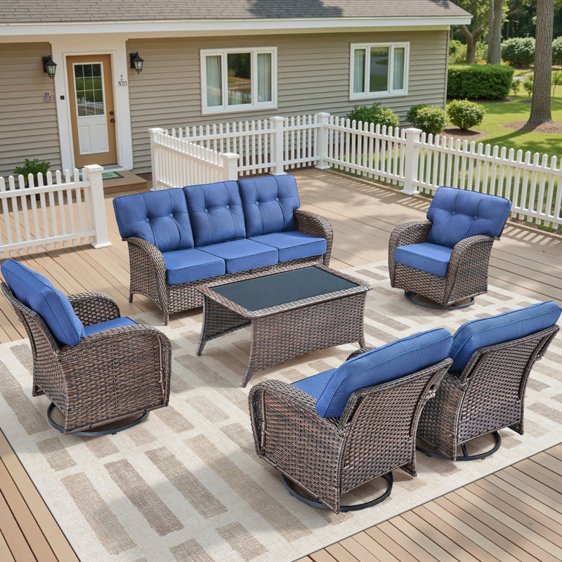 Ensemble de meubles de patio 6 pièces, ensemble de sièges d'extérieur toutes saisons avec chaises pivotantes, Bleu