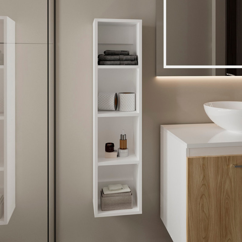 Armoire de rangement murale haute en bois manufacturé avec 4 tablettes ouvertes, organisateur de salle de bain mince
