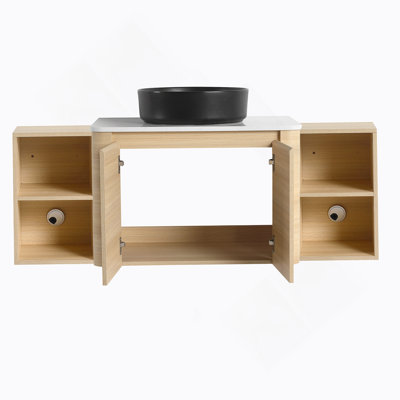 Meuble-lavabo mural de 54 po avec lavabo d'art en céramique, 2 tablettes de rangement et portes à fermeture en douceur, peu encombrant et élégant