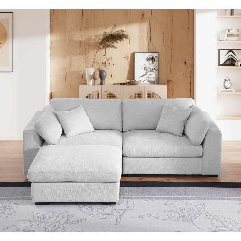 Upholstered Deep Seat Sofa with Ottoman, Gray Polyester