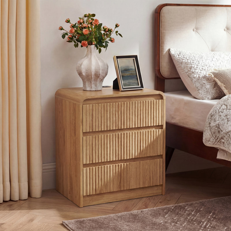 24" Fluted Nightstand with 3 Drawers and Charging Station, Wooden Bedside Table with Curved Profile Design, for Bedroom,Living Room