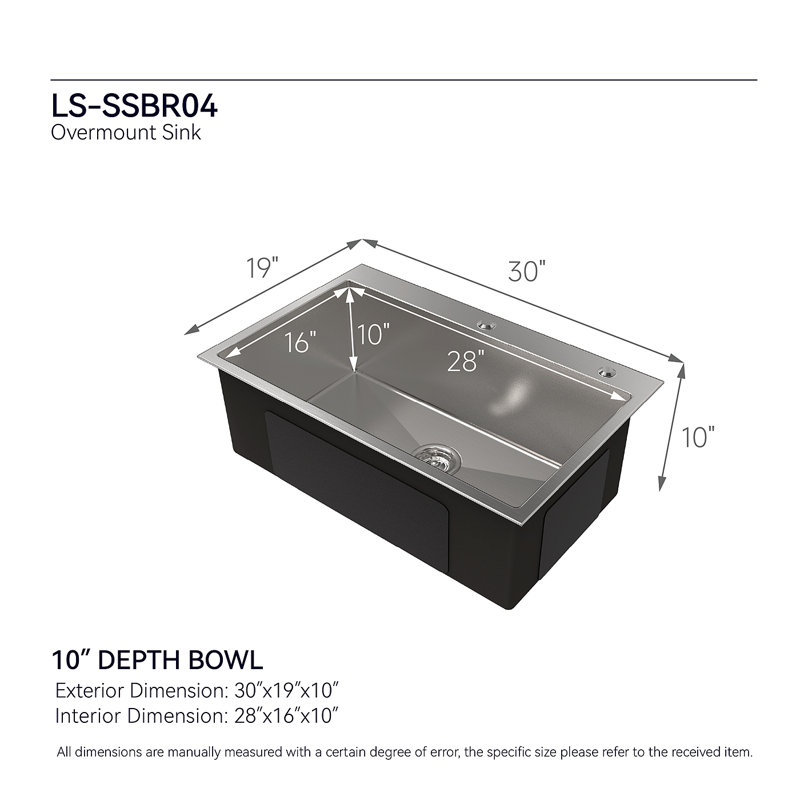 Évier de cuisine en acier inoxydable, simple cuve de 30 po x 19 po, fait à la main sur comptoir en nickel brossé, avec bonde et crochet standards américains, LS-SSBR04