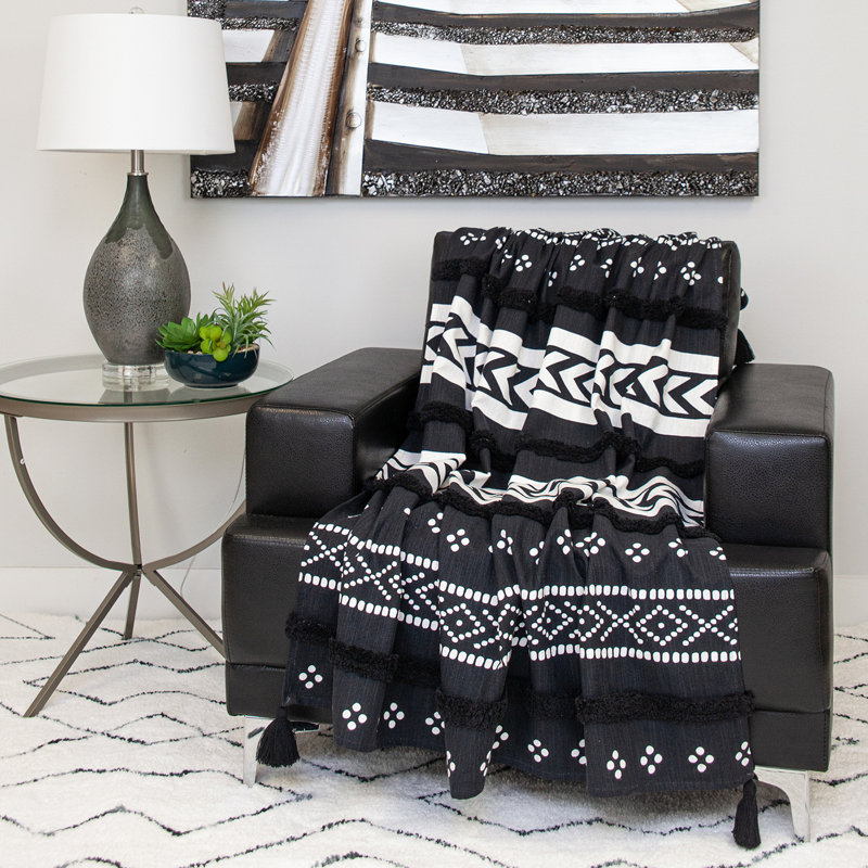 Transitional Black and White Cotton Throw with Tasseled Ends 50" x 60"