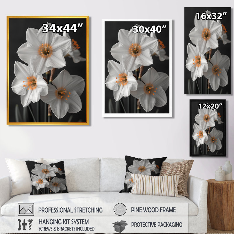 Monochromes blancs jaunes botaniques jonquilles I - jonquilles murales, H 30 po x l 40 po, Cadre flottant doré