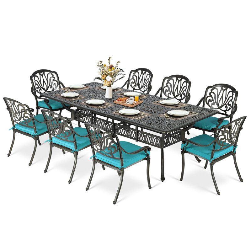 9-Piece Outdoor Patio Dining Set For 8, All Weather Cast Aluminum Patio Funiture Table And Chairs Set- 94.5" Rectangular Table And 8 Chairs For Garden, 2" Umbrella Hole