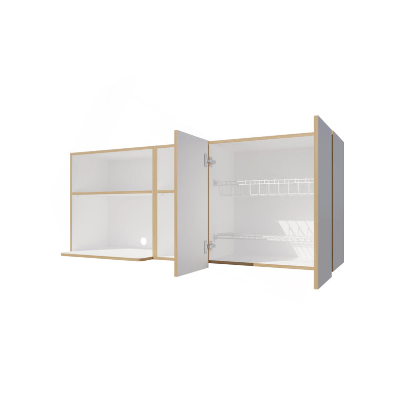 Armoire de cuisine en chêne naturel et blanc avec espace pour micro-ondes et tablette ouverte