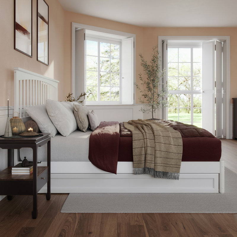 Asparas Solid Wood Platform Bed with Footboard & Roll Out Trundle Bed, White, King