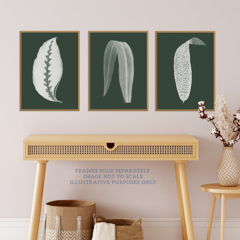 Forest Green Plant Tree Leaf Detailed Foliage Botanical Invert Colour - 3 Piece No Frame Print Set