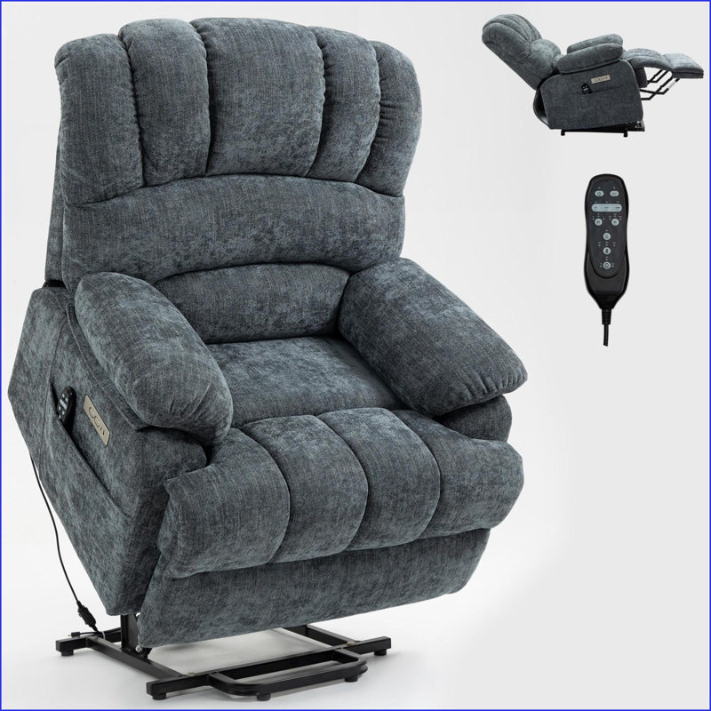 Recliners with Power Lift, 8-Point Massage &amp; Lumbar Heating | Oversized Blue-Gray Chenille, Gray, Power - Push Button