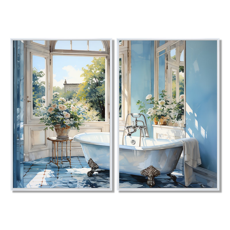«Bathroom Tranquil Reflections I - Large Bathroom», art mural, H 36 po x l 48 po, Impression encadrée flottante, Blanc