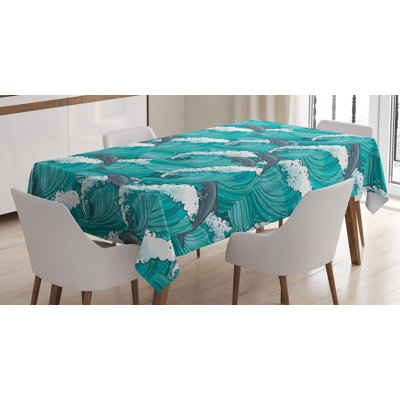Ambesonne Sea Animals Tablecloth, Wavy Ocean With Dolphins Windy Surfing Doodle Style Art Print, Rectangular Table Cover For Dining Room Kitchen Decor, 52" X 70", Charcoal Grey Teal White