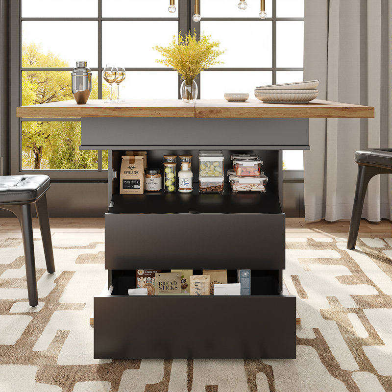 Extendable Dining Table With Storage Levels, Black