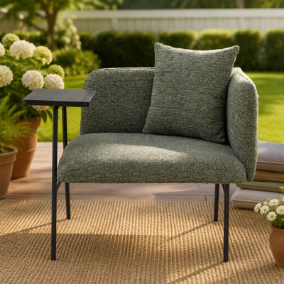 Fauteuil de loisir, fauteuil de détente avec petite table et coussin de dossier, chaises rembourrées modernes avec pieds en métal et poches latérales, canapé simple pour le salon / la chambre / le jardin