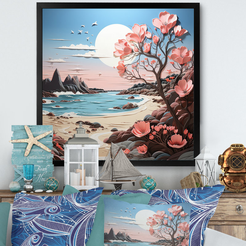 " Pink Beachside Bloom Papercut I ", 36" H x 36" W x 1.5" D, Black Single Picture Framed