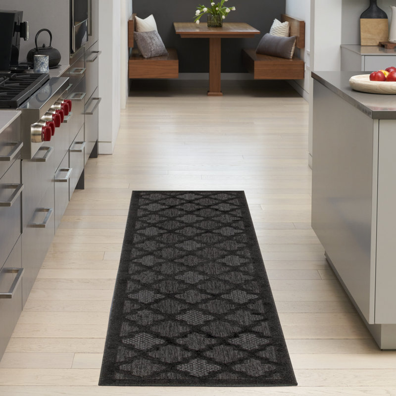 Adianey Red Barrel Studio Easy Care Trellis Charcoal/Black Indoor/Outdoor Area Rug, Runner 2'2" x 10'