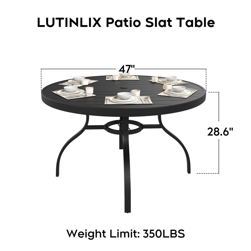 Table de salle à manger ronde extérieure en métal de 119 cm de large avec trou pour parasol, L 47 po, Black