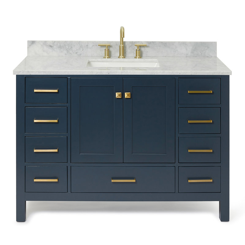 Ensemble de meuble-lavabo simple Flynt, Forme rectangulaire, Bleu minuit / laiton satiné, L 49 po