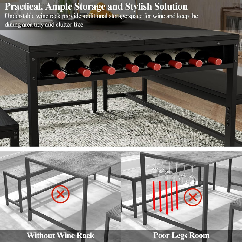 Black 63" Modern Dining Table Set with Benches and Storage