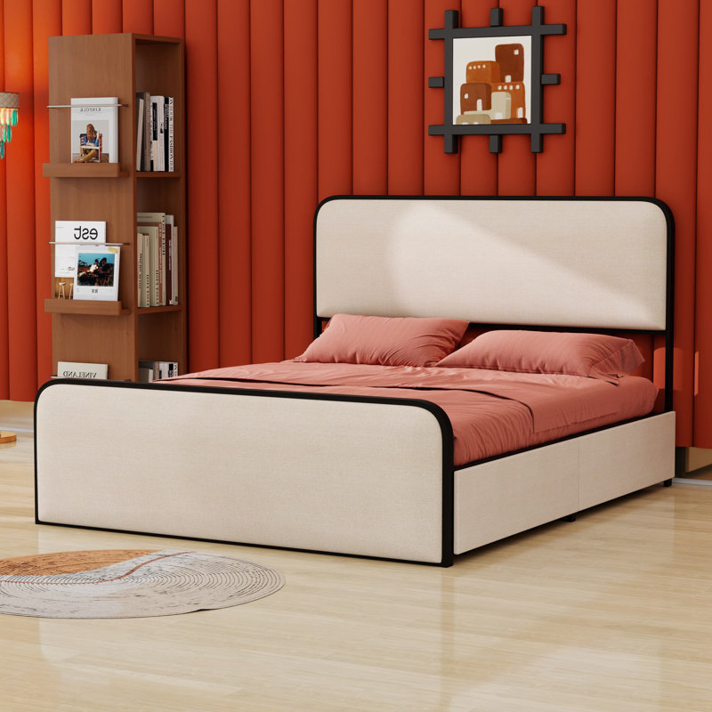 Structure de lit moderne en métal avec tête de lit tapissier courbée, Grand lit
