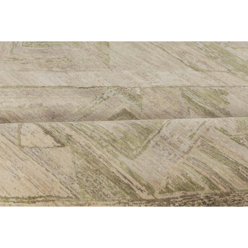 Hand Knotted Wool Abstract Area Rug in Beige/Light Green, Rectangle 12' x 15'