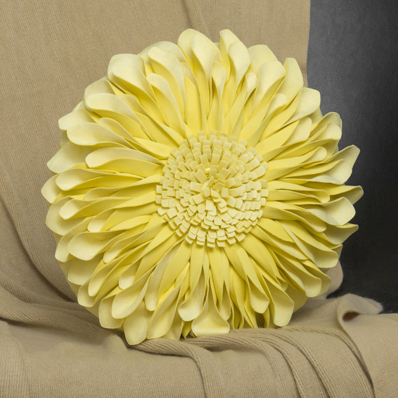 3D Floral Round Throw Pillow Sunflower Decorative Accent Pillow Cover & Insert, 12"H x 12"W, Bright Yellow - Solid Suede
