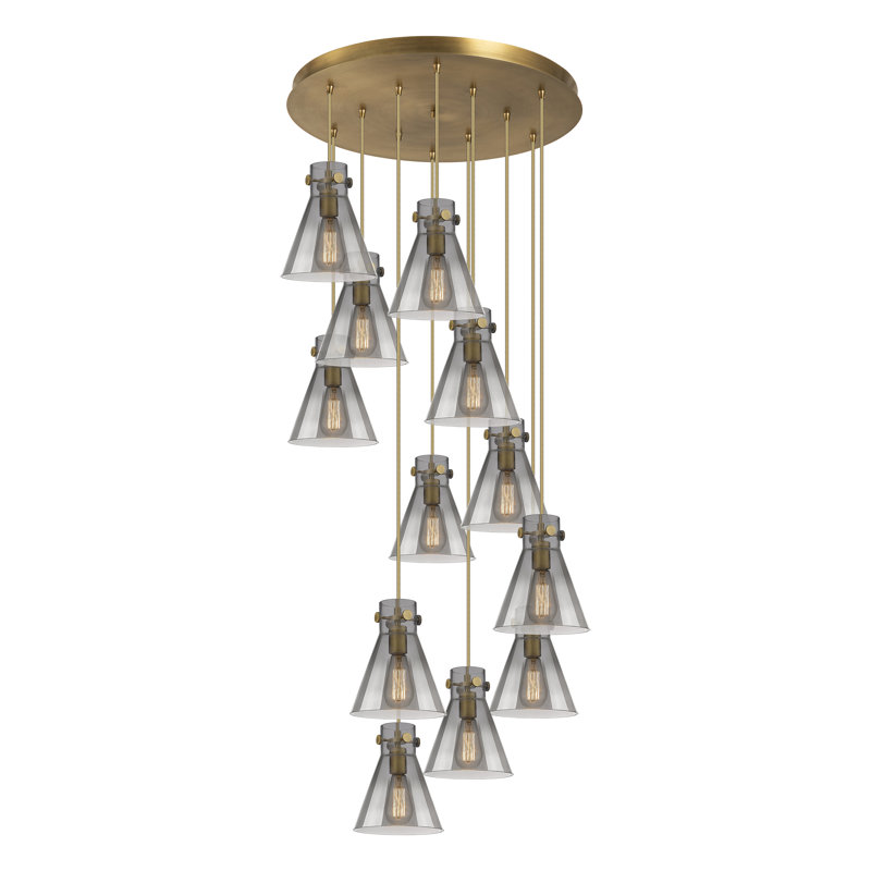 Luminaire suspendu 12 lumières Amrith, Laiton brossé, Gris fumée clair