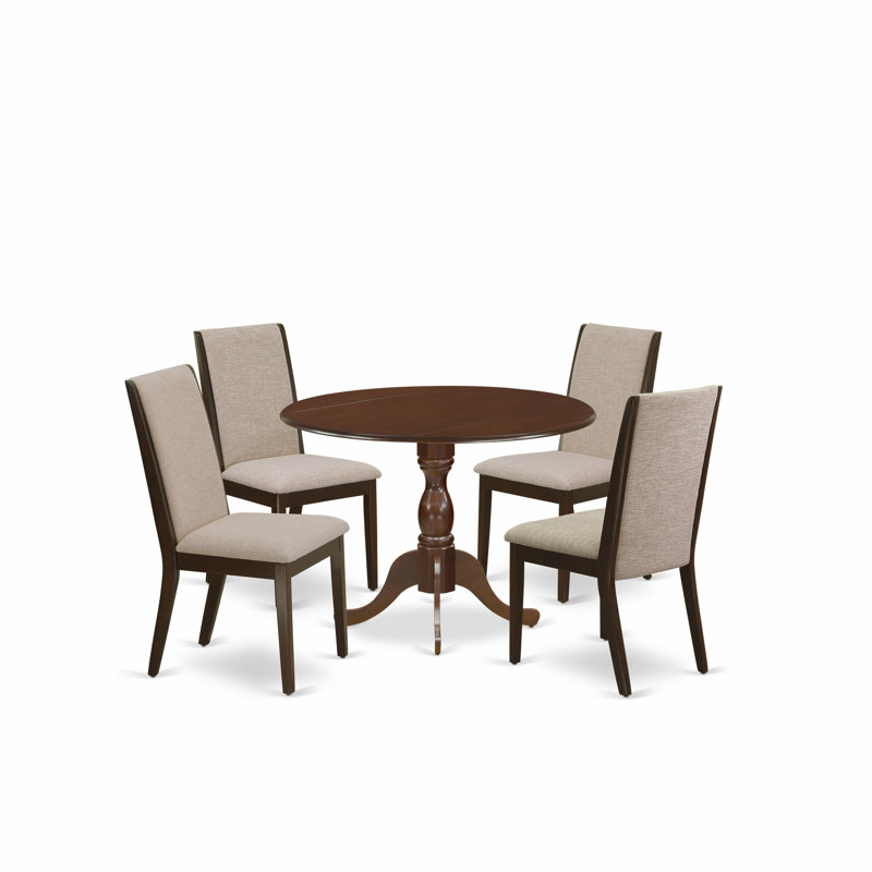 5 Piece Kitchen Table Set for 4 Includes a Round Dining Room Table with Dropleaf and 4 Light Tan Linen Fabric Upholstered Chairs, Mahogany;