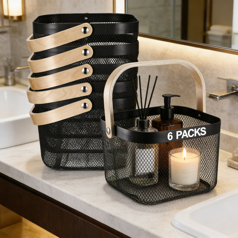 Panier carré en métal avec poignée en bois, organisateur polyvalent pour tablettes de garde-manger, comptoir de salle de bain, fournitures de bureau et présentoir de détail